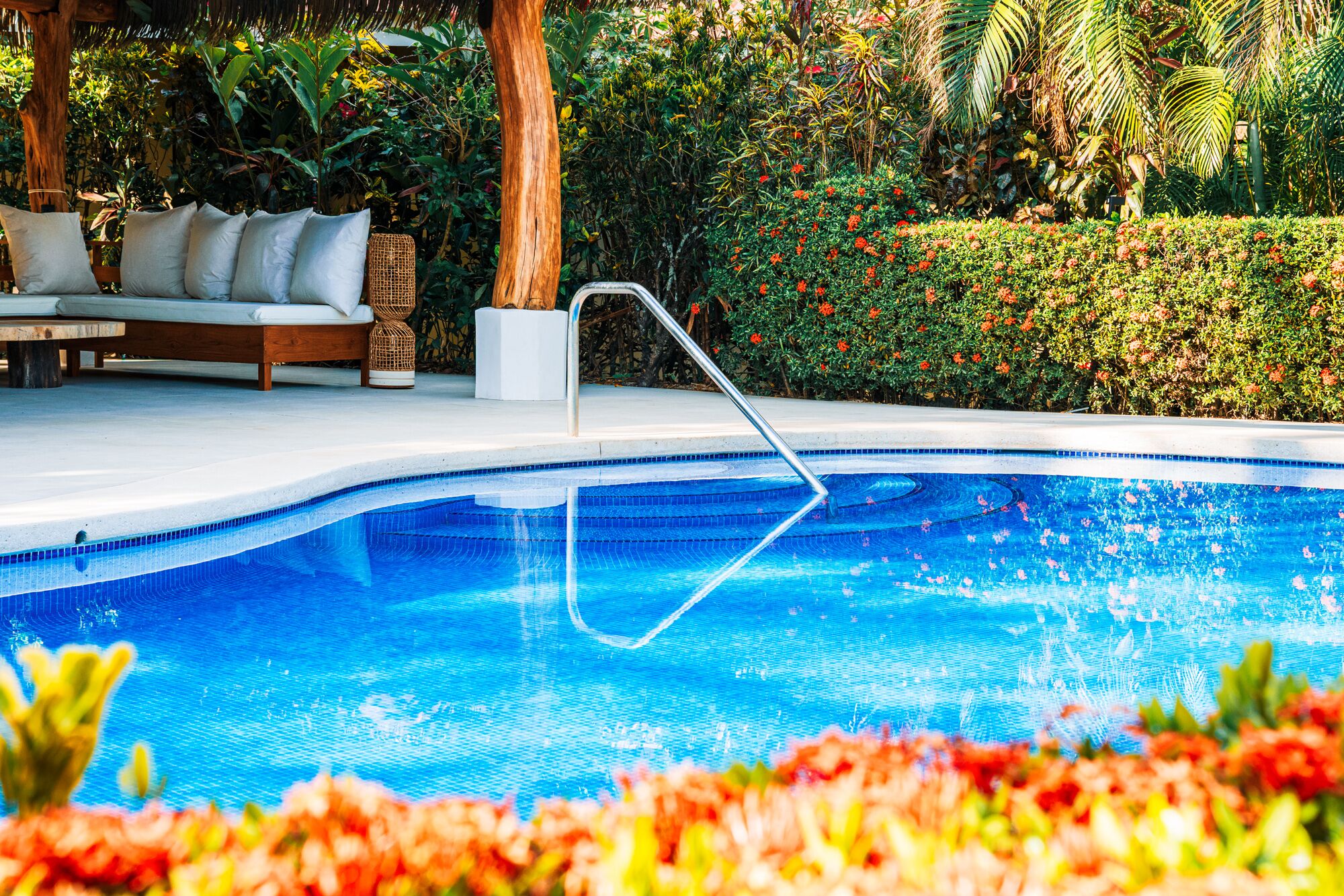 Serena poolside palapa sofa with ixora hedges