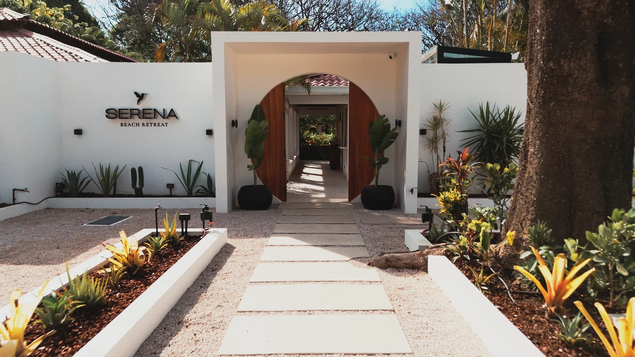 Aerial view of Serena pool and tropical gardens in bloom